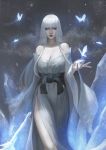  1girl bare_shoulders blue_eyes breasts butterfly cleavage glowing hime_cut ice japanese_clothes kimono large_breasts long_hair looking_at_viewer nioh pale_skin phamoz side_slit silver_hair solo standing wide_sleeves yuki-onna_(nioh) 