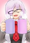  1girl black-framed_eyewear black_dress closed_eyes coffee cup dress eyes_visible_through_hair fate/grand_order fate_(series) glasses hair_over_one_eye holding jacket mug mugs necktie purple_hair shielder_(fate/grand_order) short_hair smile solo steam upper_body youu_(midgard) 