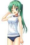  1girl breasts buruma collarbone cowboy_shot eyebrows_visible_through_hair green_eyes green_hair hand_in_hair higurashi_no_naku_koro_ni long_hair medium_breasts ponytail rato shiny shiny_skin shirt sleeveless sleeveless_shirt solo sonozaki_shion standing transparent_background white_shirt 