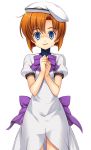  1girl blue_eyes bow brown_hair cowboy_shot dress eyebrows_visible_through_hair hat higurashi_no_naku_koro_ni looking_at_viewer purple_bow rato ryuuguu_rena short_hair short_sleeves smile solo standing transparent_background white_dress white_hat 