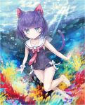  :/ androgynous animal_ears aqua_eyes bangs bare_arms bare_legs barefoot black_swimsuit blunt_bangs bob_cut bow bowtie bubble cat_ears cat_tail closed_mouth collarbone commentary_request coral coral_reef covered_navel day error expressionless fish full_body kuroi kuroinyan leg_up light_rays looking_at_viewer neckerchief necktie one-piece_swimsuit original pink_bow pink_bowtie pink_neckerchief pink_necktie pixiv_fantasia pixiv_fantasia_new_world plantar_flexion purple_hair ribbon sailor_swimsuit shiny shiny_hair short_hair solo sunlight swimming swimsuit tail twitter_username underwater watermark web_address white_ribbon wristband 