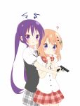  &gt;:o 2girls :o ? bangs blush eyebrows_visible_through_hair food gochuumon_wa_usagi_desu_ka? grey_necktie grey_skirt gun holding holding_gun holding_weapon hoto_cocoa long_hair looking_at_viewer mouth_hold multiple_girls nagomi_yayado necktie open_mouth plaid plaid_necktie plaid_skirt pleated_skirt popsicle purple_hair red_skirt sailor_collar school_uniform short_sleeves simple_background skirt squiggle tedeza_rize twintails upper_body vest violet_eyes weapon white_background 