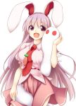  1girl :d animal_ears breasts carrot cowboy_shot hisae_(hisae_collect) kune-kune large_breasts long_hair necktie open_mouth pink_shirt pink_skirt puffy_short_sleeves puffy_sleeves purple_hair rabbit_ears red_eyes red_necktie reisen_udongein_inaba shirt short_sleeves skirt smile touhou urban_legend_in_limbo very_long_hair 