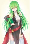  1girl absurdres bare_shoulders breasts c.c. code_geass detached_sleeves eyebrows_visible_through_hair green_hair hand_on_hip hand_on_own_thigh highres long_hair looking_at_viewer medium_breasts pelvic_curtain solo tan_background thigh-highs thighs white_legwear yellow_eyes 