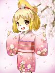  animal_crossing brown_eyes cherry_blossoms dobutsu_no_mori isabella_(dobutsu_no_mori) jingle_bell kimono looking_at_viewer short_hair tagme 