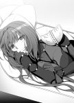  1girl absurdres armor bed_sheet bodysuit closed_mouth eyebrows_visible_through_hair fate/grand_order fate_(series) greyscale highres long_hair looking_at_viewer lying monochrome on_bed on_side pauldrons pillow scathach_(fate/grand_order) shoulder_armor smile solo sunlight upper_body yamoge 
