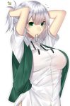  1girl adjusting_hair arms_up bangs breasts collared_shirt commentary commentary_request dress_shirt eyebrows_visible_through_hair green_eyes green_vest hair_ornament hair_tie hands_in_hair highres konpaku_youmu large_breasts looking_at_viewer mouth_hold neck_ribbon older onineko-chan open_clothes open_vest ponytail ribbon shirt short_sleeves silver_hair simple_background solo touhou tying_hair upper_body vest white_background white_shirt wing_collar 