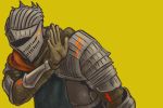  1boy armor dark_souls_iii hand_up helmet meme soul_of_cinder souls_(from_software) yellow_background 