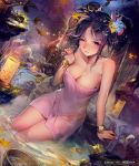 1girl arm_support black_hair blurry bow bracelet breasts brown_hair cleavage depth_of_field dutch_angle evening fence floral_print hair_bow hair_ornament jewelry large_breasts leaf liduke lips looking_at_viewer maple_leaf naked_towel one_eye_closed onsen outdoors parted_lips partially_submerged red_eyes sengoku_saga sidelocks smile solo towel tree two_side_up violet_eyes wet wooden_fence 