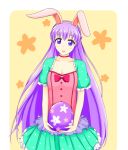  1girl absurdly_long_hair animal_ears blush_stickers bow breasts bunnysuit cleavage dress easter_egg egg fake_animal_ears fire_emblem fire_emblem:_fuuin_no_tsurugi fire_emblem_heroes highres long_hair open_mouth purple_hair rabbit_ears short_sleeves small_breasts sofiya solo very_long_hair violet_eyes 