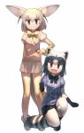  2girls :3 :d animal_ears black_footwear black_gloves black_hair black_ribbon black_shoes black_skirt blonde_hair blue_shirt border breast_pocket brown_eyes brown_hair chromatic_aberration clenched_hand collar fang fennec_(kemono_friends) fox_ears fox_tail full_body fur_collar fur_trim gloves gradient_hair grey_background grey_hair hand_on_hip harau jitome kemono_friends kneeling loafers looking_at_viewer multicolored_hair multiple_girls neck_ribbon one_knee open_mouth pink_sweater pleated_skirt pocket puffy_short_sleeves puffy_sleeves raccoon_(kemono_friends) raccoon_ears raccoon_tail ribbon shirt shoes short_hair short_sleeves simple_background skirt smile standing striped_tail sweater tail thigh-highs tsurime white_footwear white_hair white_shoes white_skirt yellow_gloves yellow_legwear yellow_ribbon zettai_ryouiki 