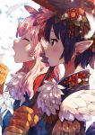  2girls blush closed_eyes earrings feathers flower from_side hair_flower hair_ornament highres japanese_clothes jewelry kanzashi kimono long_hair mano_(narumi_arata) multiple_girls narumi_arata new_year open_mouth original pink_hair pointy_ears recri red_eyes revision upper_body white_background 