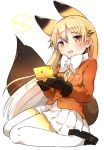  1girl animal_ears black_gloves blonde_hair blush bow bowtie ezo_red_fox_(kemono_friends) fox_ears fox_tail gloves hair_between_eyes handheld_game_console ichihaya jacket kemono_friends loafers long_hair long_sleeves looking_at_viewer multicolored_hair necktie nintendo_ds pantyhose playing_games pleated_skirt shoes simple_background sitting skirt solo tail wariza white_background yellow_eyes 