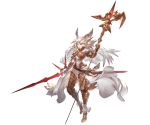  1girl armor bangs breastplate full_body gauntlets granblue_fantasy helmet holding holding_weapon long_hair looking_at_viewer michael_(granblue_fantasy) minaba_hideo official_art overskirt polearm red_eyes sheath smile solo spear sword thigh-highs transparent_background weapon white_hair 
