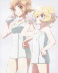  2girls blonde_hair breasts character_request collarbone drinking hand_on_hip medium_breasts mototenn multiple_girls naked_towel senki_zesshou_symphogear short_hair small_breasts tachibana_hibiki_(symphogear) thighs towel yellow_eyes 