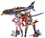  1boy 1girl aircraft animal_hat ass blonde_hair blue_gloves boots brown_eyes brown_hair djeeta_(granblue_fantasy) finger_gun from_behind full_body gloves goggles goggles_on_head gran_(granblue_fantasy) granblue_fantasy hand_on_hip hat jacket knee_boots looking_at_viewer looking_back male_focus midriff minaba_hideo official_art one_eye_closed open_clothes open_jacket racing_suit red_scarf scarf short_hair smile transparent_background 