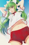  1girl adjusting_hair blue_sky c.c. code_geass creayus eyebrows_visible_through_hair from_below green_hair hair_ribbon long_hair midriff mouth_hold navel ponytail ribbon shirt shorts sky solo t-shirt upshirt white_ribbon yellow_eyes 