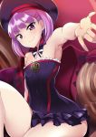  1girl armpits bare_shoulders blurry blush commentary_request depth_of_field fate/grand_order fate_(series) flat_chest hat helena_blavatsky_(fate/grand_order) highres kurosawa_shouichi looking_at_viewer outstretched_arm purple_hair short_hair smile solo strapless tree_of_life violet_eyes 