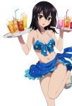  1girl bikini black_hair blue_bikini bow breasts brown_eyes cleavage collarbone hair_bow himeragi_yukina holding long_hair looking_at_viewer medium_breasts navel one_leg_raised open_mouth sandals sarong shiny shiny_skin sideboob solo standing strike_the_blood swimsuit transparent_background 