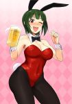  1girl ;d alcohol alternate_costume animal_ears beer blush bow bowtie breasts bunny_tail bunnysuit cleavage cup detached_collar green_hair highres idolmaster large_breasts mole mole_under_mouth mug one_eye_closed open_mouth otonashi_kotori pantyhose rabbit_ears red_eyes revision short_hair smile solo tail tsurui wrist_cuffs 