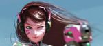  1girl aiming artist_name bangs blurry d.va_(overwatch) depth_of_field facepaint facial_mark gun headphones high_collar holding holding_gun holding_weapon maglece one_eye_closed outstretched_arm pink_lips solo swept_bangs weapon whisker_markings 