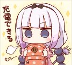  1girl backpack bag bangs beads blue_eyes blunt_bangs blush bow capelet chibi commentary_request dress hair_beads hair_bow hair_ornament hairband holding kanna_kamui kata_meguma kobayashi-san_chi_no_maidragon lavender_hair long_hair lowres o_o solo translation_request twintails you&#039;re_doing_it_wrong 