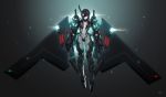  1girl aircraft airplane armor b-2_spirit black_hair bomber breasts collar crotch glowing glowing_eyes highres kws mecha_musume military military_vehicle navel personification red_eyes solo white_skin 