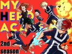  1girl 4boys bakugou_katsuki black_hair blonde_hair blue_bodysuit blue_eyes bodysuit boku_no_hero_academia brown_eyes brown_hair burn_scar copyright_name explosion fire freckles glasses green_hair iida_tenya jumping midoriya_izuku mineta_minoru mochida64 multicolored_hair multiple_boys redhead running scar short_hair spiky_hair todoroki_shouto two-tone_hair uraraka_ochako white_hair 