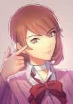  1girl brown_eyes brown_hair choker earrings fateline_alpha grey_background highres jewelry persona persona_3 pointing pointing_at_self short_hair smile solo takeba_yukari 