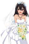  1girl :d black_hair blush bouquet breasts bridal_veil brown_eyes cleavage collarbone dress earrings elbow_gloves flower gloves hair_between_eyes himeragi_yukina holding holding_bouquet jewelry long_hair looking_at_viewer medium_breasts necklace open_mouth sleeveless sleeveless_dress smile solo standing strapless strapless_dress strike_the_blood transparent_background veil wedding_dress white_dress white_flower 