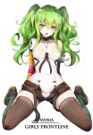  1girl bare_shoulders breasts choker full_body girls_frontline green_hair hair_between_eyes jewelry long_hair looking_at_viewer luse_maonang m950a_(girls_frontline) medium_breasts necklace open_clothes open_mouth open_shorts short_shorts shorts sitting solo thigh-highs torn_clothes twintails yellow_eyes 