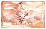  1girl animal_ears bow bowtie elbow_gloves gloves graphite_(medium) high-waist_skirt kemono_friends monochrome paper_airplane sakino_shingetsu serval_(kemono_friends) serval_ears serval_print serval_tail shirt short_hair sketch skirt sleeveless sleeveless_shirt smile solo tail traditional_media 