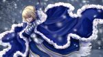  1girl 2016 ahoge armor artist_signature blonde_hair braid breastplate cape dated fate/stay_night fate_(series) french_braid green_eyes saber short_hair snowing solo vv_sama 