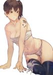  1girl animal bare_shoulders black_legwear breasts brown_eyes brown_hair cleavage collarbone commentary_request fukazaki_(g425hw45) fundoshi japanese_clothes kaga_(kantai_collection) kantai_collection medium_breasts midriff navel octopus sarashi side_ponytail simple_background solo thigh-highs underwear white_background 