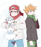  2boys alola_form alolan_vulpix blush brown_eyes brown_hair coat denim green_scarf jeans male_focus multiple_boys ookido_green_(sm) pants pokemon pokemon_(creature) pokemon_(game) pokemon_sm pumpkinpan red_(pokemon)_(sm) red_scarf scarf spiky_hair trembling vulpix winter_clothes winter_coat 