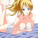  1girl arm_support ass ayase_eli blonde_hair blue_eyes blush breasts cleavage crossed_arms highres licking_lips long_hair love_live! love_live!_school_idol_project lying medium_breasts naked_towel on_stomach solo the_pose tongue tongue_out towel white_background 