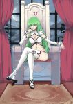 1girl absurdres blush breasts c.c. carpet cleavage code_geass curtains detached_sleeves finger_to_mouth green_hair high_heels highres large_breasts legs_crossed looking_at_viewer midriff moon navel shoe_dangle sketch solo thighs throne window yellow_eyes 