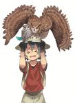  &gt;_&lt; 1girl animal animal_on_head backpack bag bird bird_on_head black_gloves black_hair bucket_hat closed_eyes gloves hat hat_feather kab00m_chuck kaban_(kemono_friends) kemono_friends on_head open_mouth owl red_shirt shirt short_hair shorts wavy_hair 