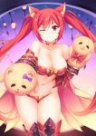  1girl ;) animal_ears armor bare_shoulders bikini_armor blush breasts cerberus_(shingeki_no_bahamut) cleavage collarbone cowboy_shot dog_ears granblue_fantasy grin hand_puppet large_breasts long_hair looking_at_viewer mmrailgun navel one_eye_closed puppet red_eyes redhead shadowverse shingeki_no_bahamut smile solo stomach thigh-highs twintails very_long_hair 