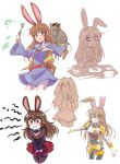  1girl alternate_costume animal_ears bird blush bunny_girl bunny_tail chopsticks closed_eyes cup dual_persona food glasses han_megumi highres iesupa kagari_atsuko little_witch_academia owl plate pout rabbit_ears rwby school_uniform seiyuu_connection sushi sweatdrop tail teacup velvet_scarlatina 