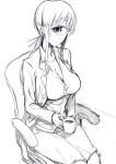  1girl breasts chair cleavage cup cyclops greyscale hair_ribbon highres hitomi_sensei_no_hokenshitsu holding holding_cup large_breasts long_hair looking_at_viewer manaka_hitomi monochrome monster_girl office_chair one-eyed ponytail regura ribbon sidelocks sitting sketch skirt smile solo 