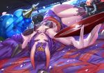  absurdres alcohol collarbone eyelashes fate/grand_order fate_(series) food foreshortening fruit gourd grapes highres horns indoors japanese_clothes jojaow licking_lips looking_at_viewer lying on_back peach petals purple_hair sake shuten_douji_(fate/grand_order) thigh_gap tongue tongue_out tray violet_eyes 