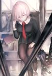  1girl book breasts fate/grand_order fate_(series) from_above glasses highres lavender_hair looking_at_viewer medium_breasts necktie pantyhose pen pink_eyes red_necktie sebun0217 shielder_(fate/grand_order) short_hair side_slit sitting smile solo umbrella 