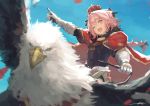  1boy armor bird black_legwear blush braid cape crown fang fate/apocrypha fate/grand_order fate_(series) garter_straps hair_ribbon highres kouzuki_kei long_hair male_focus open_mouth pink_hair ribbon rider_of_black single_braid sky smile solo trap violet_eyes 