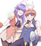  1boy 1girl animal_ears blue_eyes blue_hair blush bunny_tail egg fire_emblem fire_emblem:_fuuin_no_tsurugi fire_emblem_heroes gloves hair_ornament lilina long_hair long_sleeves looking_at_viewer open_mouth purple_hair rabbit_ears redhead roy_(fire_emblem) simple_background skirt smile tail violet_eyes white_background wspread 