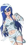  1girl astarte_(strike_the_blood) bandage blue_eyes blue_hair breasts collarbone dutch_angle hair_between_eyes long_hair looking_at_viewer midriff naked_bandage navel open_mouth small_breasts solo standing stomach strike_the_blood transparent_background very_long_hair 