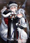  2girls ahoge bell black_gloves black_legwear blonde_hair blush capelet christmas elbow_gloves fate/grand_order fate_(series) fur_trim gloves hair_ribbon hat headpiece jeanne_alter jeanne_alter_(santa_lily)_(fate) lance long_hair looking_at_viewer multiple_girls polearm ribbon ribbon_trim ruler_(fate/apocrypha) saber saber_alter santa_alter santa_costume santa_hat silver_hair sweat thigh-highs uno_ryoku very_long_hair weapon yellow_eyes younger 