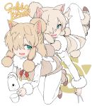  alpaca_ears alpaca_suri_(kemono_friends) animal_ears bangs blonde_hair cup fur_collar fur_trim green_eyes hair_over_one_eye highres kemono_friends open_mouth pantyhose shirt short_hair sidelocks tail teacup teapot yoshida_hideyuki 