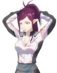  1girl adjusting_hair blue_eyes breasts cleavage fateline_alpha hair_tie macross macross_delta medium_breasts mirage_farina_jenius mouth_hold pointy_ears purple_hair sketch solo upper_body white_background 