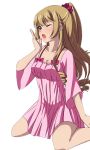  1girl aiba_asagi bow breasts brown_eyes brown_hair cleavage collarbone covering_mouth dress hair_ornament hand_over_own_mouth high_ponytail kneeling long_hair medium_breasts one_eye_closed pink_dress red_bow short_dress solo strike_the_blood tears transparent_background yawning 